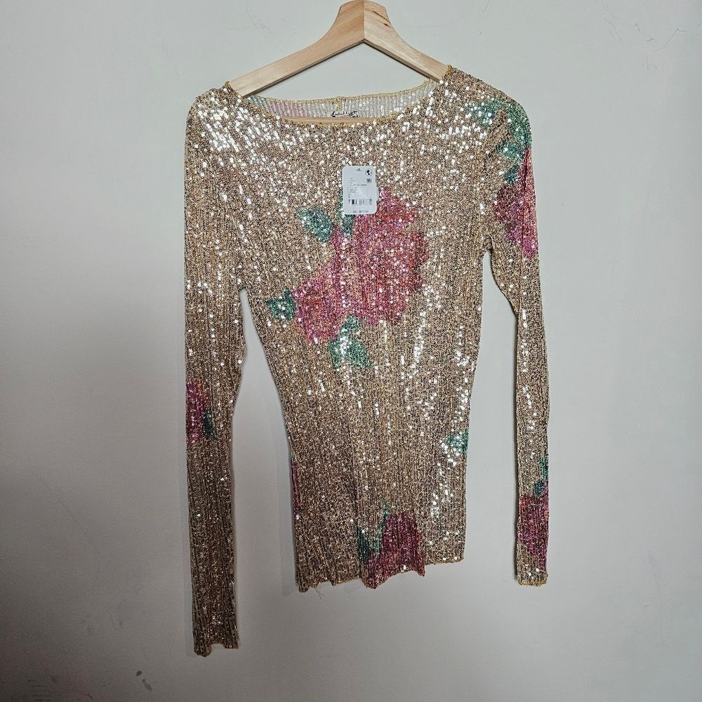 NWT Free People Intimately Free People Gold Sequin Rose Motif Top Various Sizes - Picture 2 of 9